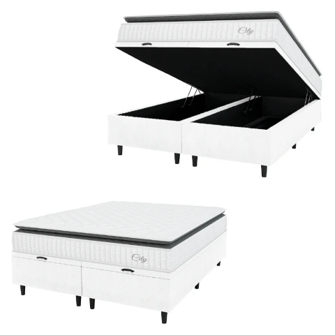 Cama Box Colchão Baú Casal Queen Molas Ensacadas City Pillow Top 158x198x64cm Branco / Preto Hellen