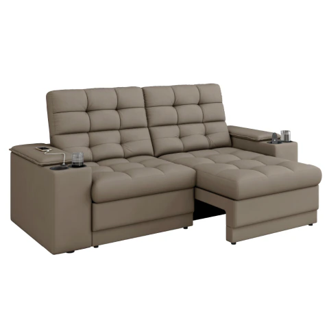 Sofá Retrátil e Reclinável 2,05m 3 Lugares Com Porta Copos Entrada USB Kansas Veludo Cappuccino Luiz