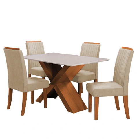 Conjunto de Mesa Sala de Jantar Tampo com Vidro 1,36m 4 Cadeiras Grécia Dobuê