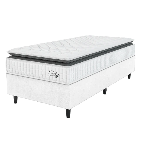 Cama Box Colchão Solteiro Molas Ensacadas City Pillow Top 88x188x61cm Branco / Preto Hellen -