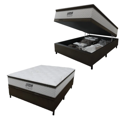 Cama Box Baú Casal Colchão Molas Pocket Ensacadas Tower 138x188x75cm Branco / Marrom Gazin - Suporta