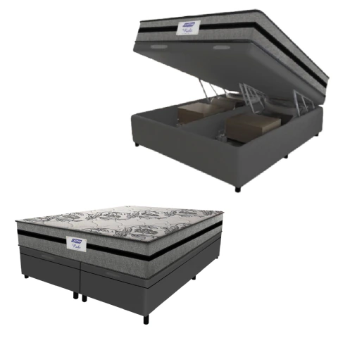 Cama Box Baú Casal King Colchão Gazin Com Molas Ensacadas Rubi 193x203x73cm Suede Cinza/Preto