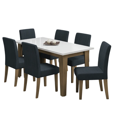 Conjunto de Mesa Sala de Jantar Miami com 6 Cadeiras Trieste Suede 1,60m Cedro / Off White / Chumbo