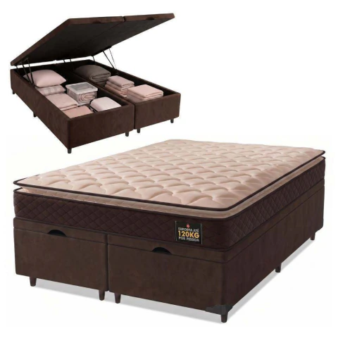 Cama Box Baú Casal Queen Colchão Espuma D33 Pillow Top Millenium 158x198x60cm Suede Marrom Hellen