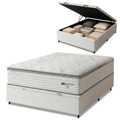 Cama Box Baú Casal Colchão Molas Guarda Costas Max Com Pillow 138x188x81cm Branco/Cinza