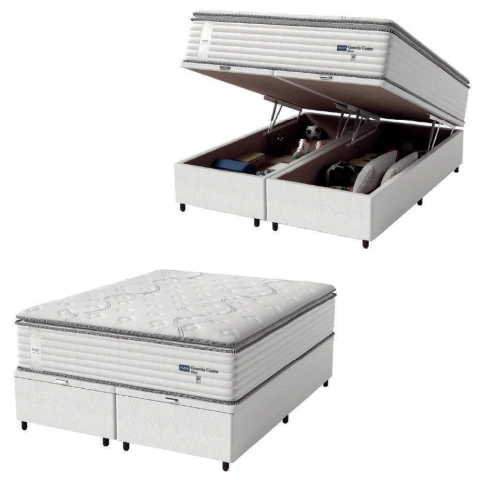 Cama Box Baú Casal Queen Colchão Molas Guarda Costas Com Pillow 158x198x81cm Branco/Cinza