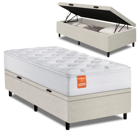 Cama Box Baú Colchão Solteiro Molas Ensacadas Real 88x188x68cm Branco Inducol