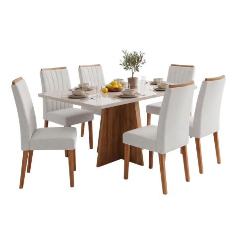 Conjunto Sala de Jantar Mesa 1,60m com Vidro Anjos 6 Cadeiras Sofia
