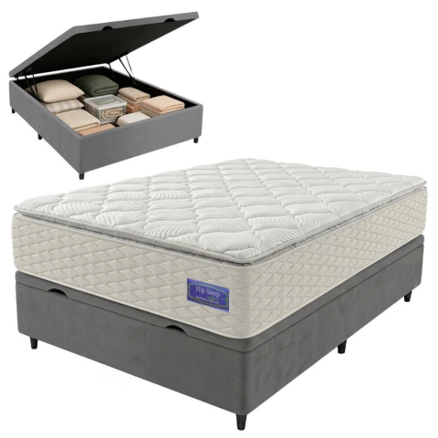 Cama Box Baú Casal Colchão Ortopédico Atena Molas Ensacadas Pillow Top 138x188x79cm Hip Sleep
