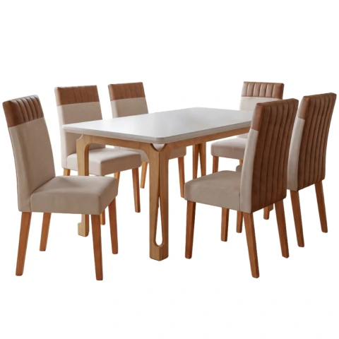 Conjunto Sala de Jantar Mesa 1,60m com Vidro Nadine 6 Cadeiras Montreal