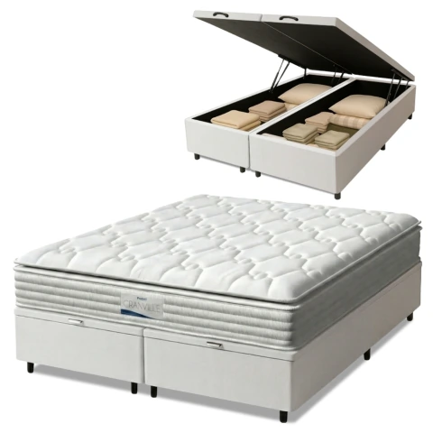 Cama Box Baú Casal Queen Colchão Molas Ensacadas Granville Com Pillow 158x198x69cm Branco Probel