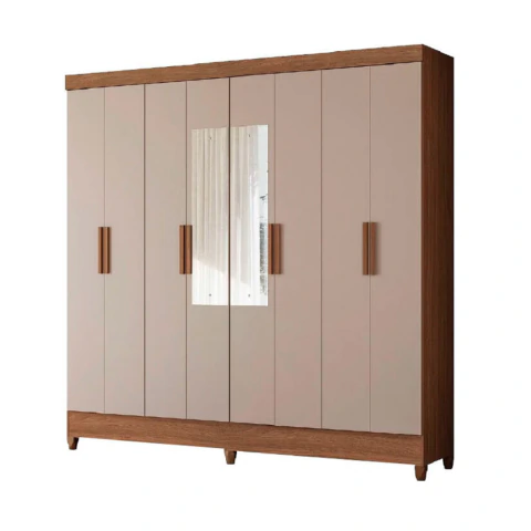 Guarda Roupa Casal Com Espelho 8 Portas 2 Gavetas Madeirado/Off White Marajó Moval