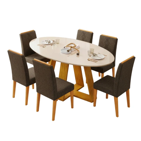 Conjunto Sala de Jantar Mesa Tampo em Vidro 1,80m Vick 6 Cadeiras Tati
