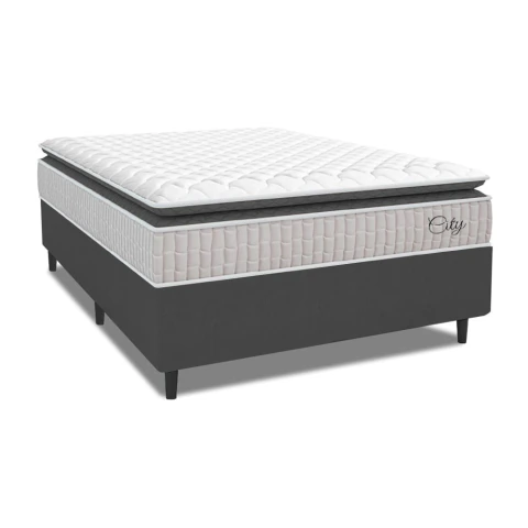 Cama Box Colchão Casal Molas Ensacadas City Pillow Top 138x188x61cm Branco / Cinza Hellen
