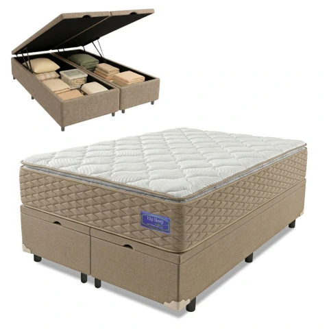 Cama Box Baú Queen Colchão Ortopédico Magnus Molas Superlastic Pillow Top 158x198x79cm Hip Sleep