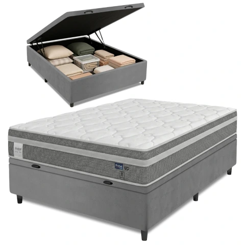 Cama Box Baú Colchão Casal Molas Ensacadas Euro In Up 138x188x67cm Cinza / Branco Probel