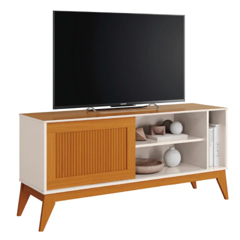 Rack Bancada Para TV Até 55 Polegadas 1,36m Ripado Impressão 3D 1 Porta Off White/Cedro Aruba EDN