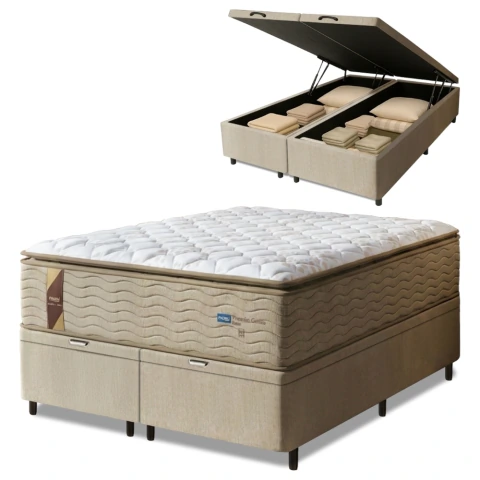 Cama Box Baú Colchão Casal Queen Probel Molas Guarda Costas Max Pillow Top 158x198x81cm Bege /Branco