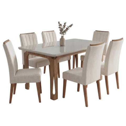 Conjunto Sala de Jantar Mesa 1,60m com Vidro Nadine 6 Cadeiras Sofia
