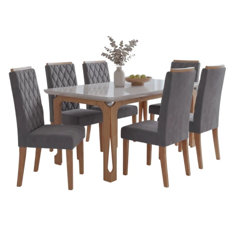 Conjunto Sala de Jantar Mesa 1,60m com Vidro Nadine 6 Cadeiras Bele