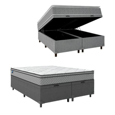 Cama Box Baú Casal Queen Colchão Molas Ensacadas Mirage 158x198x65cm Cinza/Branco Umaflex - Suporta