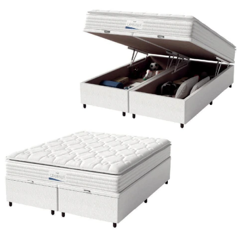 Cama Box Baú Casal Queen Colchão Molas Ensacadas Granville Com Pillow 158x198x69cm Branco Probel