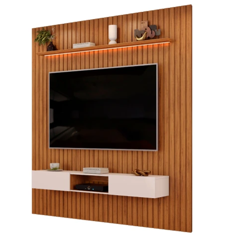 Painel Para TV Até 90 Polegadas 2,75m Ripado Autêntico Com Led e Nicho Montreal Madeirado/Off White