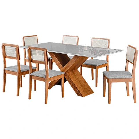 Conjunto de Mesa Sala de Jantar Tampo com Vidro 1,80m Grécia 6 Cadeiras Santiago Dobuê