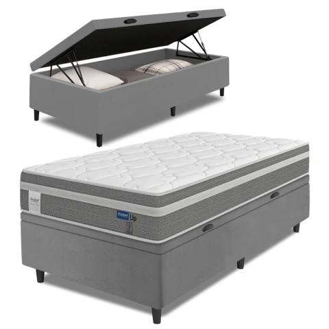 Cama Box Baú Colchão Solteiro Molas Ensacadas Euro In Up 88x188x67cm Cinza / Branco Probel - Suporta