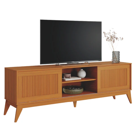Rack Bancada para TV até 65 Polegadas 1,80m Ripado Impressão 3D 2 Portas Cedro King EDN