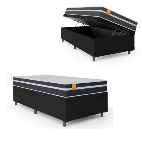 Cama Box Solteiro Baú Colchão Molas Qatar 88x188x63cm Branco / Preto - Suporta até 200Kg