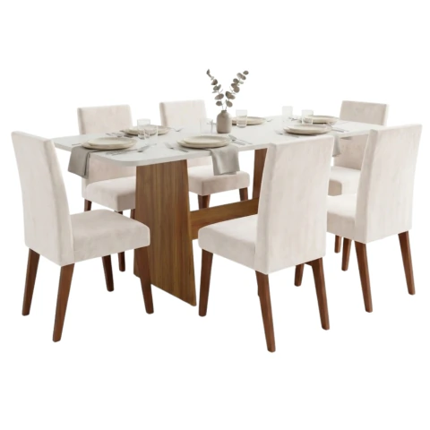Conjunto Sala de Jantar Mesa 1,60m Maira 6 Cadeiras Milano