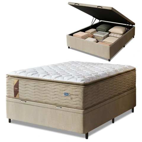 Cama Box Baú Colchão Casal Probel Molas Guarda Costas Max Pillow Top 138x188x81cm Branco / Bege