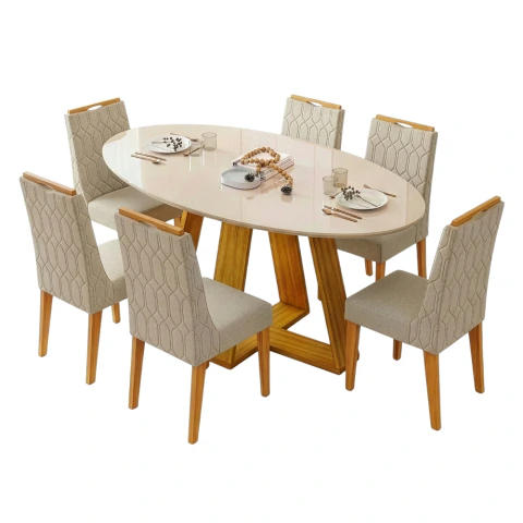 Conjunto Sala de Jantar Mesa Tampo em Vidro 1,80m Vick 6 Cadeiras Bel