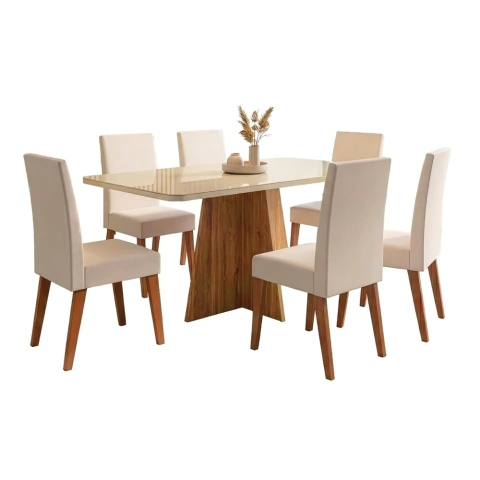 Conjunto Sala de Jantar Mesa 1,60m com vidro Anjos 6 Cadeiras Veludo Milano Viero