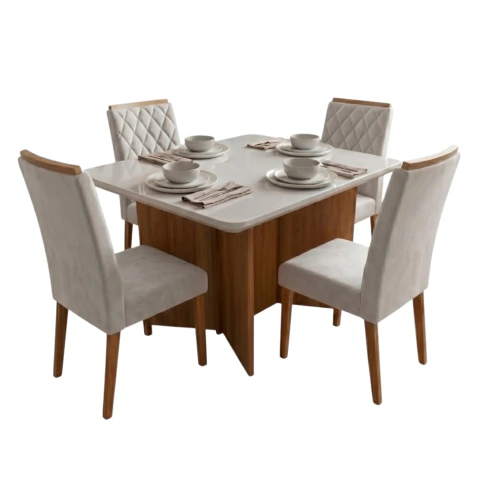 Conjunto Sala de Jantar Mesa 1,20m com vidro Montreal 4 Cadeiras Bele