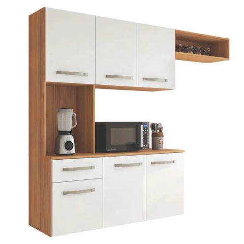 Armário de Cozinha Completa Suspenso com Balcão 6 Portas 1 Gaveta Belíssima Freijó/Branco