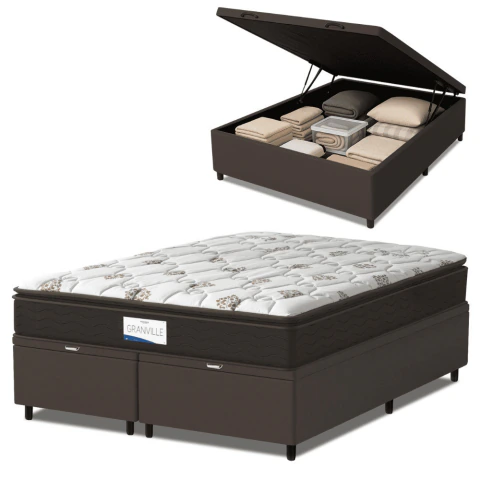 Cama Box Baú Colchão Casal Queen Probel Molas Ensacadas Granville Pillow Top 158x198x69cm Marrom /Br