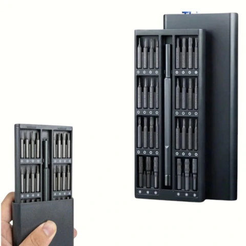 Set de destornilladores de precisión 48 en 1 con estuche negro compacto y piezas organizadas