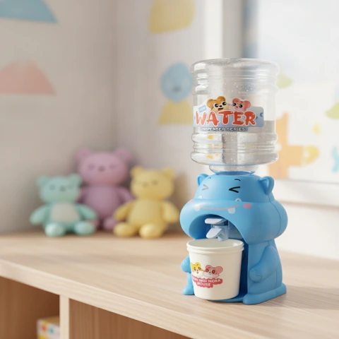 Dispenser de agua para niños con diseño de hipopótamo azul y vaso pequeño, sobre una mesa de madera con ositos de peluche de colores en el fondo