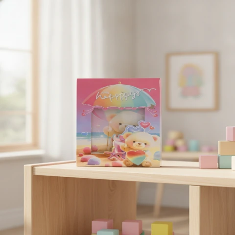 Diario con candado decorado con ositos y colores pastel sobre una mesa de madera en un ambiente luminoso