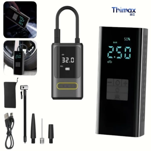 Compresor inflador portátil 2000mAh con pantalla digital y accesorios para inflar ruedas, incluye cable USB y estuche de transporte