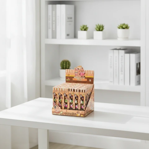 Resaltadores Capibara en caja exhibidora, paquete con seis colores, sobre una mesa blanca en un ambiente ordenado con estantería y plantas