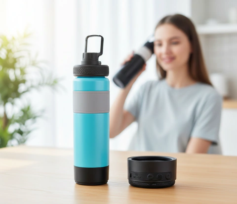 Botella deportiva azul con parlante inalámbrico negro sobre mesa, mujer al fondo sosteniendo otra botella