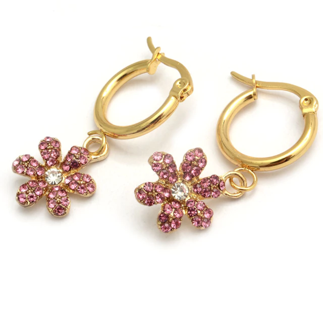 Aros Dorados Flor Con Cubic Rosa 1,5Cm