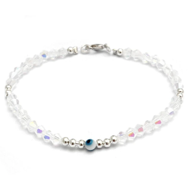 Pulsera Diamantada Tornasol, Bolitas Y Ojo Protector Blanco 18Cm