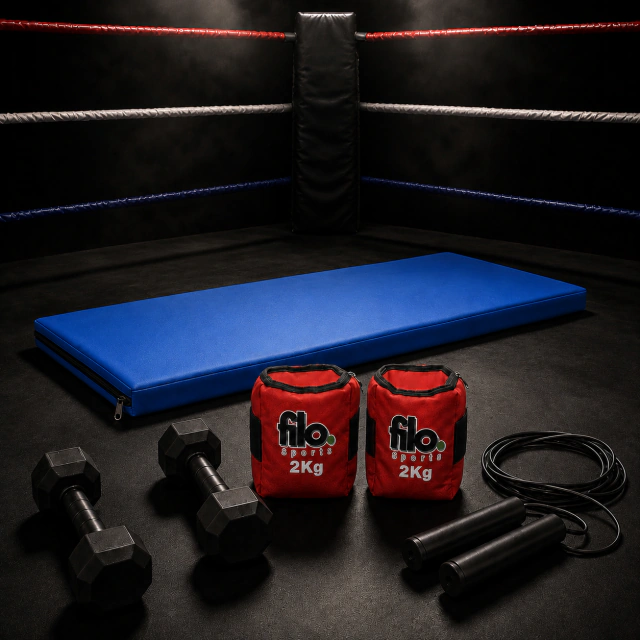 Combo Boxeo: soga PVC, mancuernas 1kg, tobilleras 2kg y colchoneta