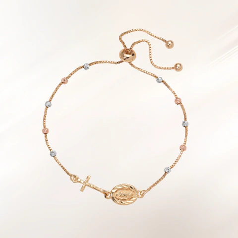 Pulsera con Crucifijo y Medalla Virgen de Guadalupe Dorada 18cm.-26cm. - CPU138