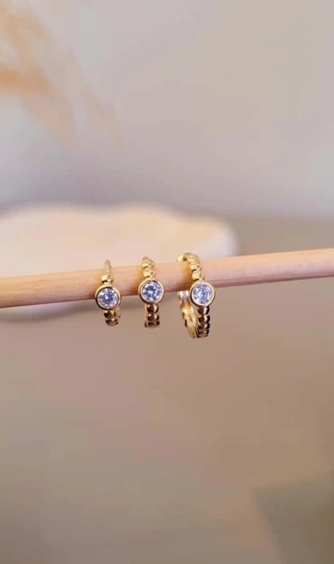 Brinco Trio Click Argola Ponto Zircônia Dourado