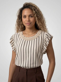 Blusa Listrada Linho com Viscose Manga Babado JOL1005